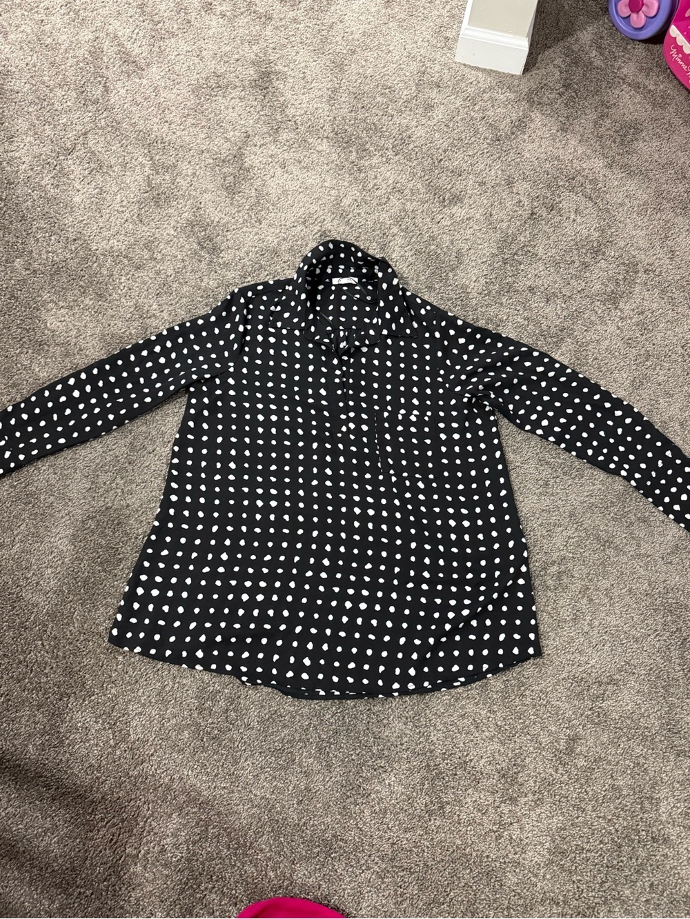 Pleione Black Button-Down Shirt with White Polka Dots